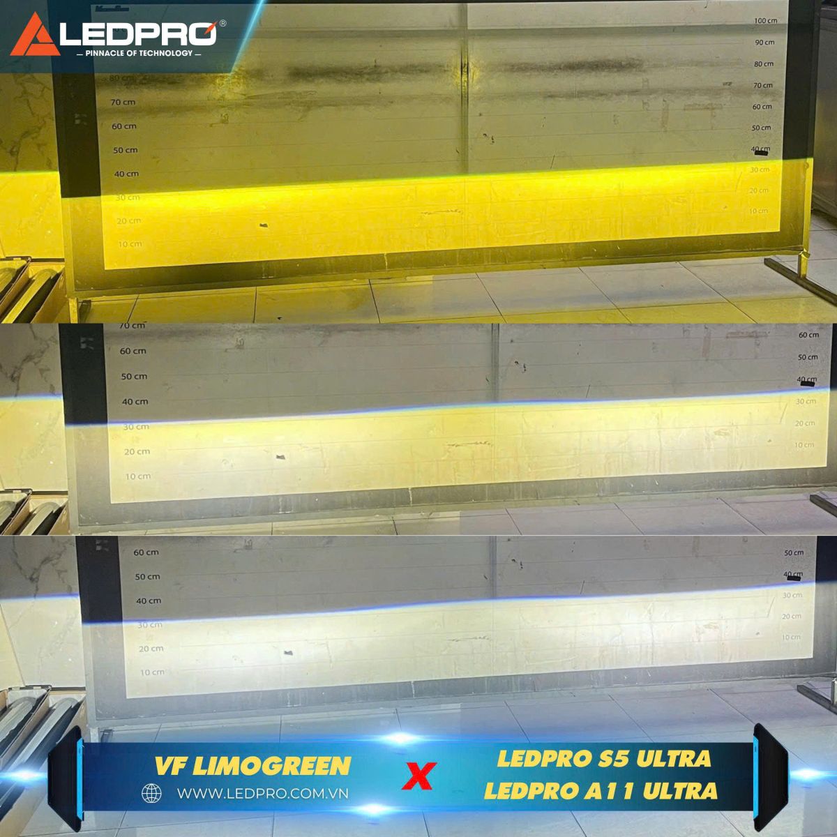 3 nhiệt màu ánh sáng từ Ledpro A11 Ultra khi được lắp đặt và căn chỉnh hoàn thiện