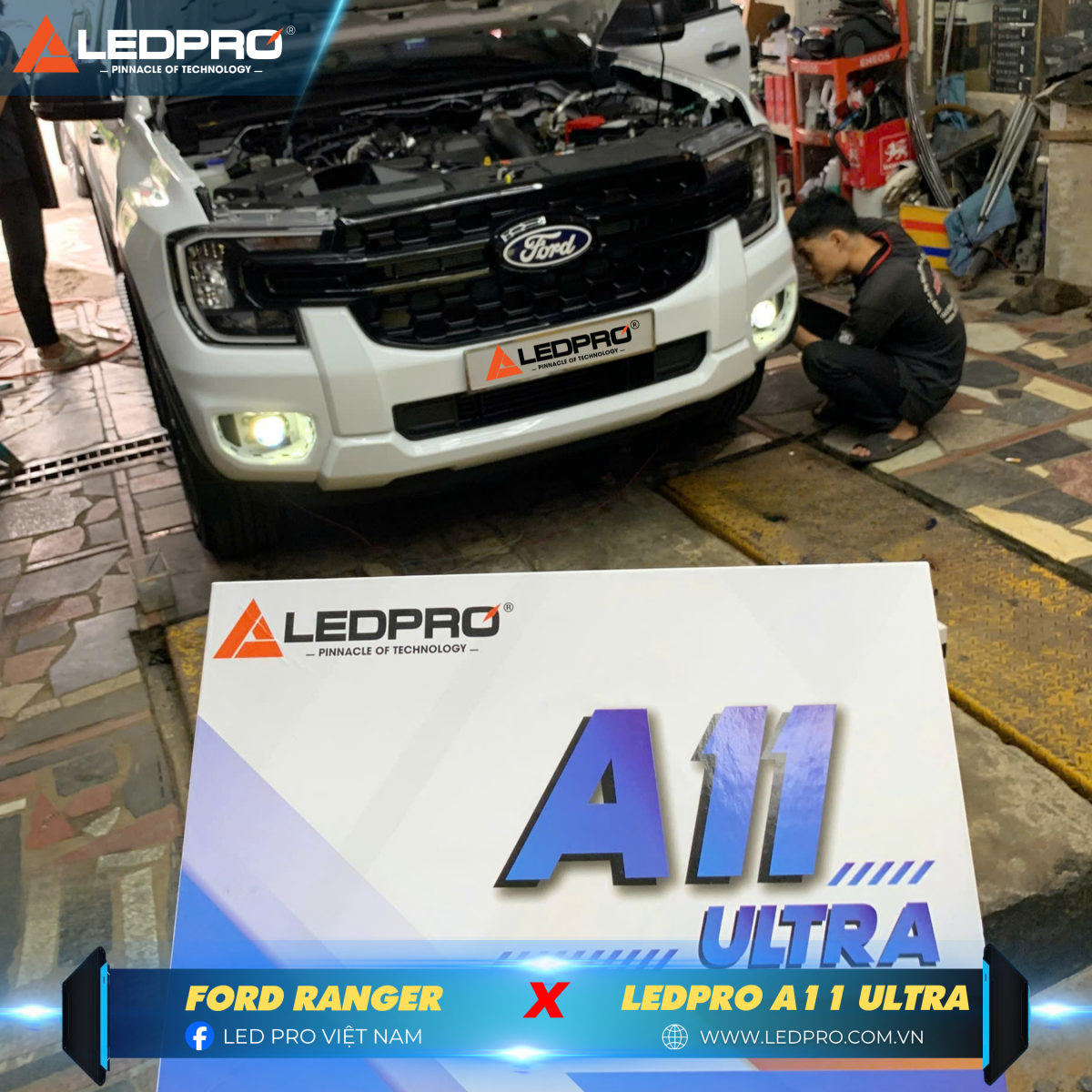 Ford Ranger lắp đặt bi gầm 3 inch Ledpro A11 Ultra