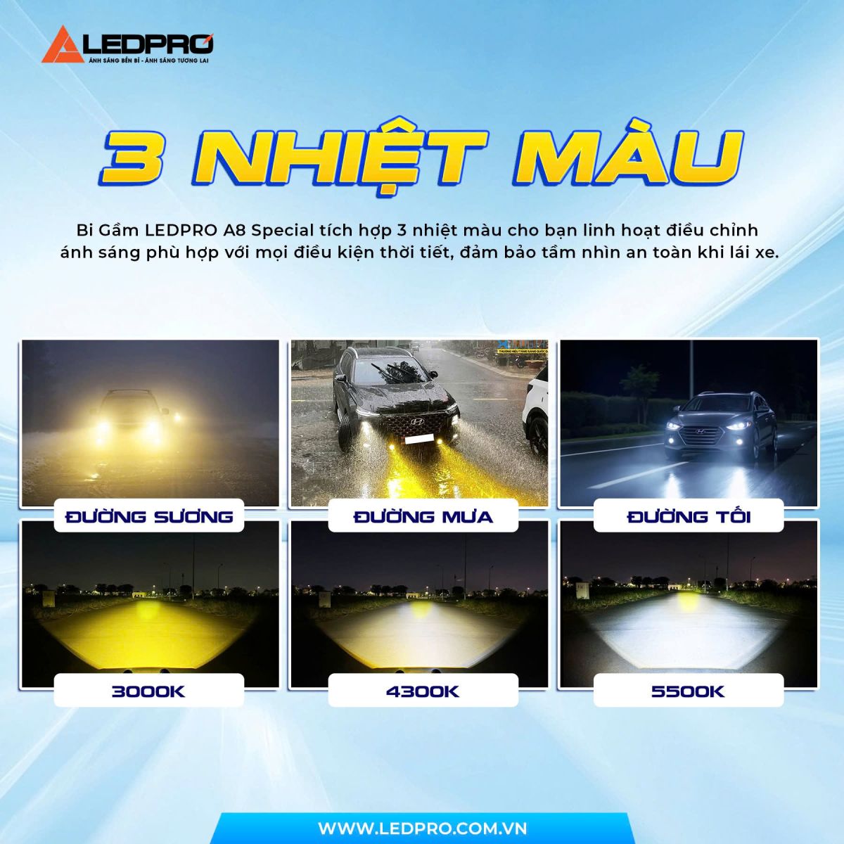Ledpro A8 Special tích hợp 3 nhiệt màu hỗ trợ người lái quan sát đường rõ ràng hơn