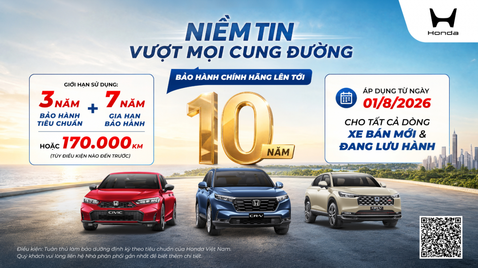 Chính sách bảo hành 10 năm được Honda Việt Nam triển khai từ ngày 01/08/2026. Ảnh: Honda Việt Nam