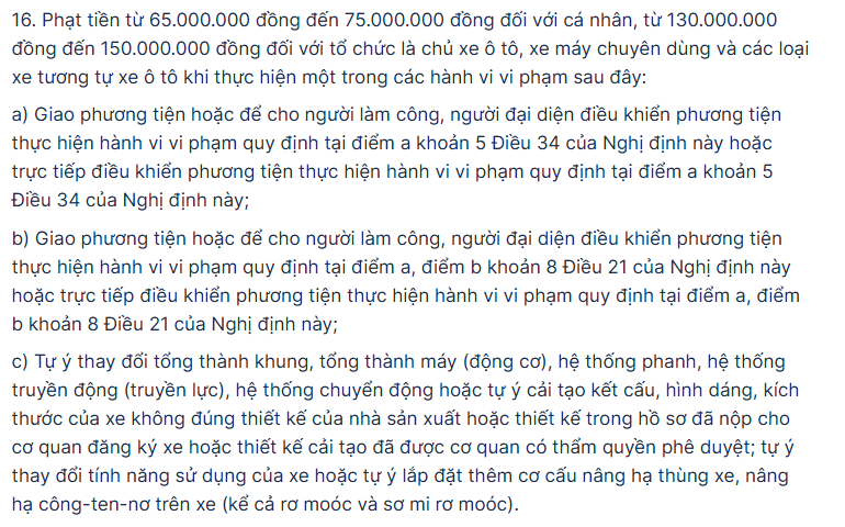 Theo quy định lỗi tự ý cải tạo xe có thể bị phạt từ 65 - 75 triệu đồng. Ảnh: Trích Nghị định 168/2024/NĐ-CP